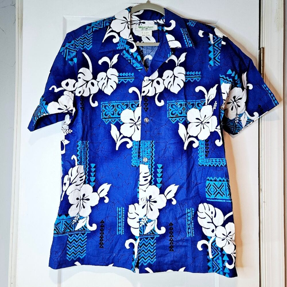 Vintage Hookano Made in Hawaii Blue Hibiscus Aloha Shirt Cotton Medium